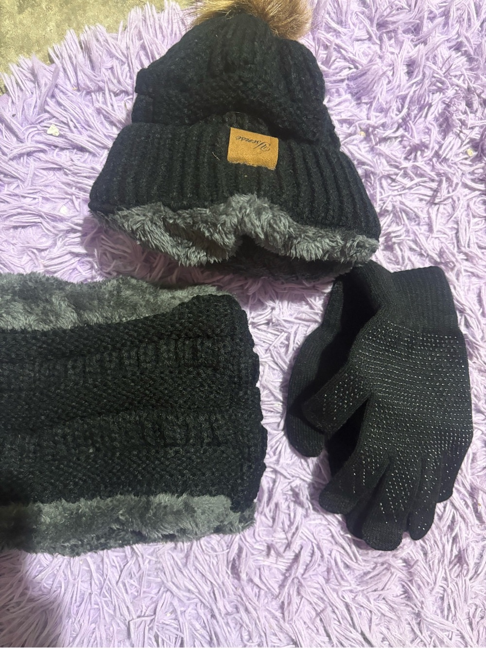 Black Faux-Fur Lined Knit Beanie, Neck Warmer & Gloves Set